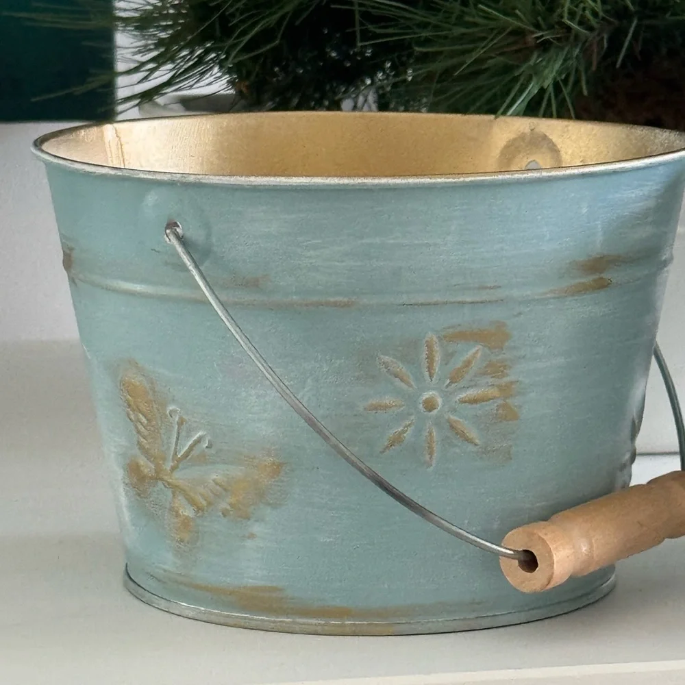 Blue Metal Buckets with Gold Accents and Gold Inside Decorative Use